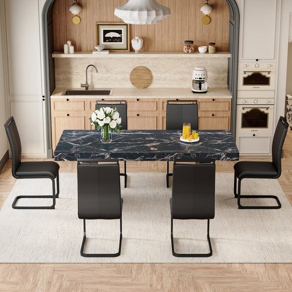 English Elm Table and Chair Set Seating 6 with Marble Mdf Top and Black Pu Upholstered W1151S03987