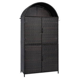 English Elm K&k Tall Arched Pe Rattan Outdoor Storage Cabinet with Adjustable Shelves and Steel Frame Brown+Black N707P420158D