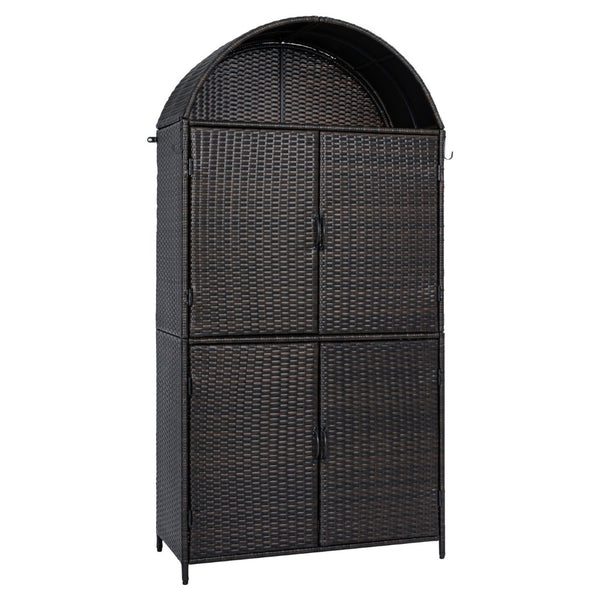 English Elm K&k Tall Arched Pe Rattan Outdoor Storage Cabinet with Adjustable Shelves and Steel Frame Brown+Black N707P420158D