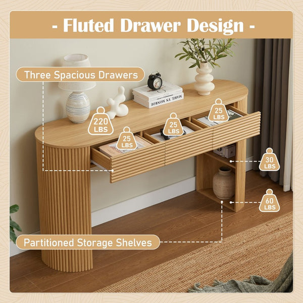 English Elm [video] Retro Fluted Console Table with 3 Drawers Open Niche Mid-century Entryway Natural N759P283616N