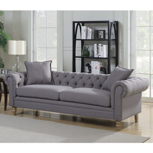 English Elm Modern Upholstered Sofa with Solid Wood Frame, Button Tufting, Rolled Arms & 2 Pillows — Gray, Cozy Durable Seating for Living Room (74" L) B347P407082
