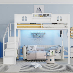 English Elm Metal Queen Loft Bed with L Shaped Desk Wardrobe Led Lighting and Usb for Teens White W2593S00057