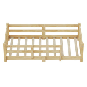 English Elm Twin Montessori Floor Bed Solid Pine Frame with Safety Guardrails for Kids Bedroom Natural N733P400298N
