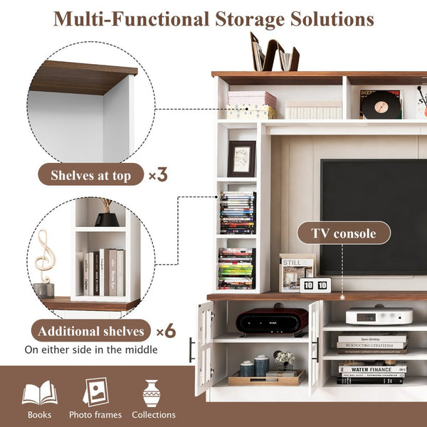 English Elm 95.5" Wide Modern Farmhouse Wall Unit with Tempered Glass Cabinets and Bookshelf Storage White SJ000157AAK
