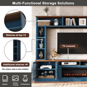 English Elm U-can Modern Farmhouse Wall Unit with Electric Fireplace Bookshelves and Glass Cabinet Doors Navy Blue SJ000153AAN