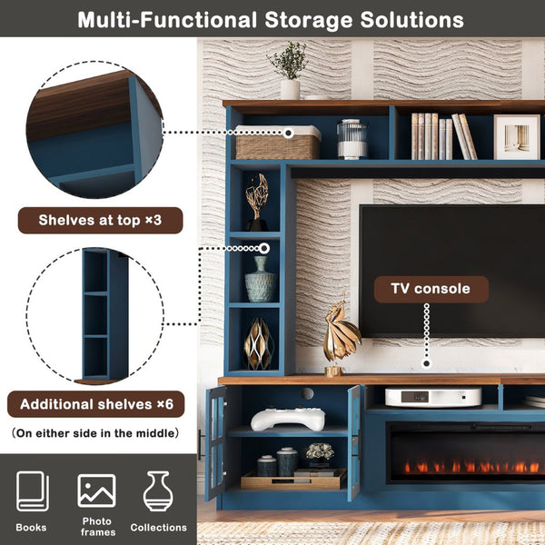 English Elm U-can Modern Farmhouse Wall Unit with Electric Fireplace Bookshelves and Glass Cabinet Doors Navy Blue SJ000153AAN