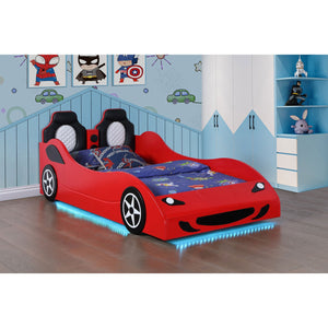 English Elm Solana Race Car Twin Bed with LED Underglow Lights, Padded Seat Headboard & Realistic Wheels - Red B062S01111