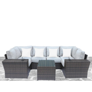 English Elm 4-Person Fully Assembled Wicker Patio Set With Plush Cushions & Glass Coffee Table For Luxury Relaxation B120S00210