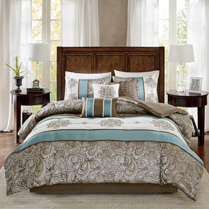 JLA Home Madison Park - Jacquard Elegant Paisley 7-Piece Comforter Set with Embroidered Medallions, Piping, Pillows & Skirt 90 L x 90 W x 1.5H MP10-4322
