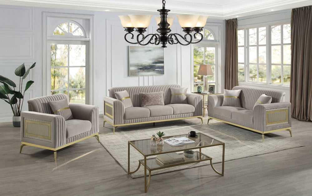 English Elm Antigua Glam 3 Piece Living Room Sofa Set with Plush Cushions and Gold Tone Accents Taupe+Gold B009S02173