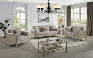 English Elm Antigua Glam 3 Piece Living Room Sofa Set with Plush Cushions and Gold Tone Accents Taupe+Gold B009S02173