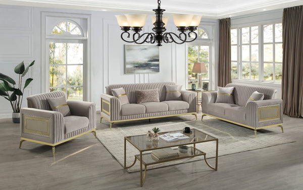 English Elm Antigua Glam 3 Piece Living Room Sofa Set with Plush Cushions and Gold Tone Accents Taupe+Gold B009S02173