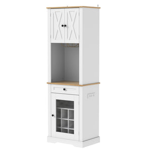 English Elm Bar Cabinet Farmhouse 69 Inch with Rgb Led Barn Door Wine Rack and Charging Station White N728P438603W