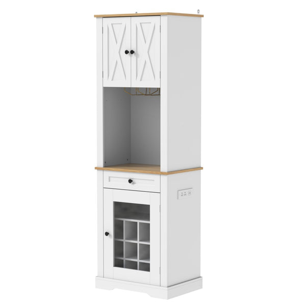 English Elm Bar Cabinet Farmhouse 69 Inch with Rgb Led Barn Door Wine Rack and Charging Station White N728P438603W