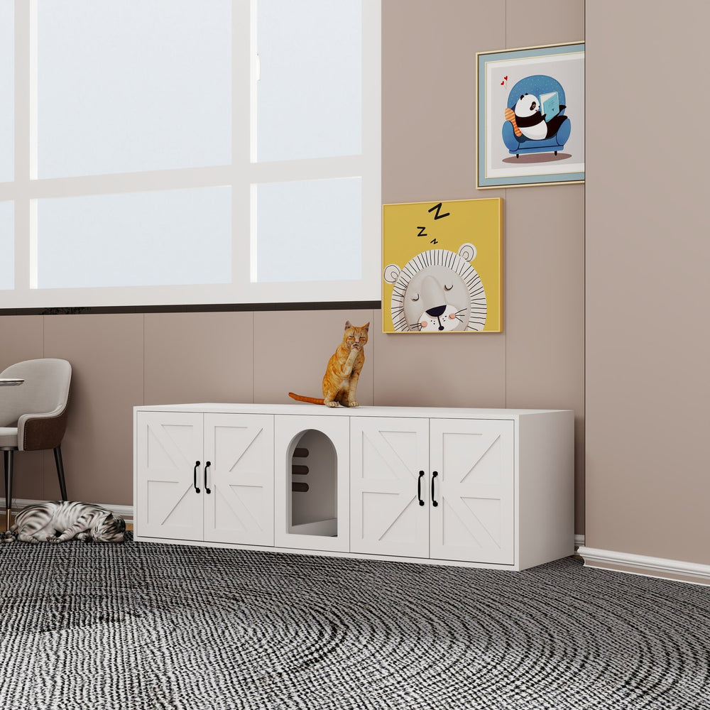 English Elm Litter Box Enclosure for 2 Cats with Double Room, Modern Wooden Cat Litter Furniture, White, 59" x 17.7" x 18.9" W282P196029