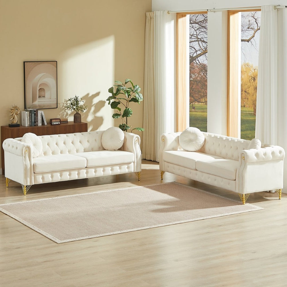 English Elm Velvet Chesterfield Tufted Sofa with Copper Stud Trim and Gold Legs for Glam Living Beige W834S00623