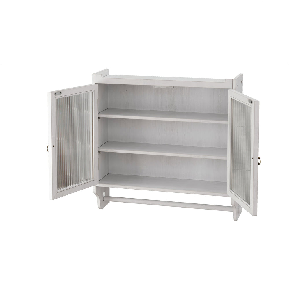 English Elm 24.8"Glass Rustic White Washed Double Door Wall Cabinet with 3 Shelves, Towel Rack, Solid Wood Storage W757P218128