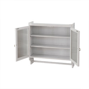 English Elm 24.8"Glass Rustic White Washed Double Door Wall Cabinet with 3 Shelves, Towel Rack, Solid Wood Storage W757P218128