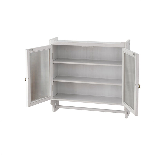 English Elm 24.8"Glass Rustic White Washed Double Door Wall Cabinet with 3 Shelves, Towel Rack, Solid Wood Storage W757P218128