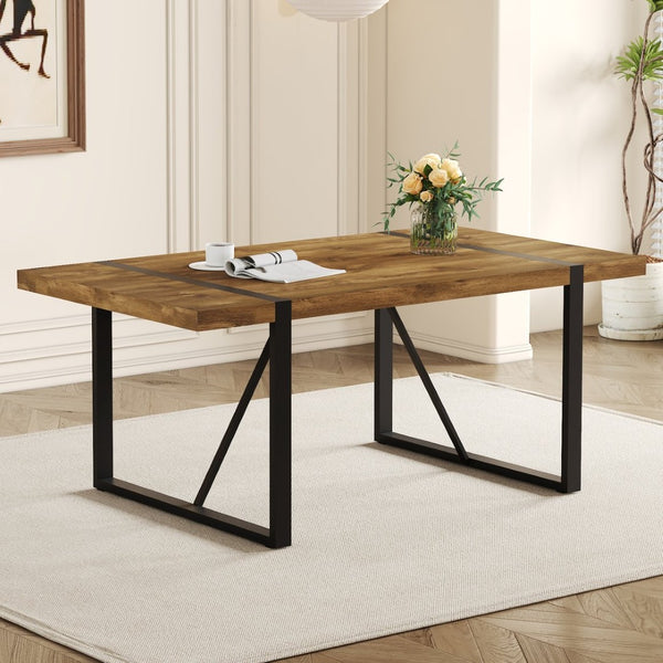 English Elm Rustic Industrial Wood Dining Table Seats Six with Powder Coated Black Metal Legs W1151P176379