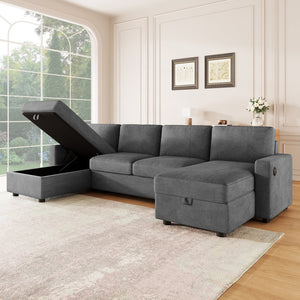 English Elm 103.9" Sectional Sofa with Hidden Storage Chaise, Reconfigurable U-Shape, 4 USB Ports, Durable Twill Upholstery Dark Gray N719S001950R