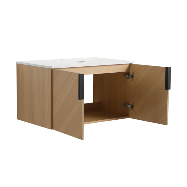 English Elm 30" Wall-Mounted Vanity with Artificial Stone Top, Oak Finish, Soft-Close Doors, Metal Handles, KD-pack W999P373489