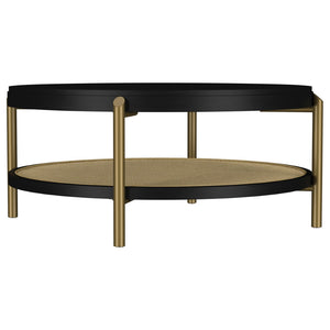 English Elm Benson Round Coffee Table with Rattan Shelf Brass Legs and Bold Matte Finish Black B062P440113