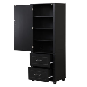 English Elm Tall Bathroom Storage Cabinet - Stylish Freestanding Unit With Two Drawers & Adjustable Shelf, Black N725P241045B-GIGA
