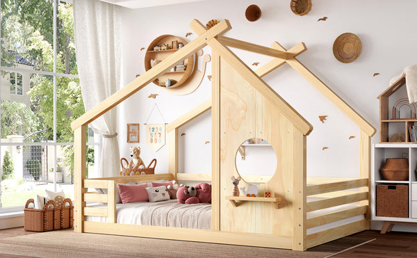 English Elm Full House Floor Bed with Roof Window and Shelf – Solid Pine Kids Loft-Style Low Bed, Durable Design Natural W1580P362703