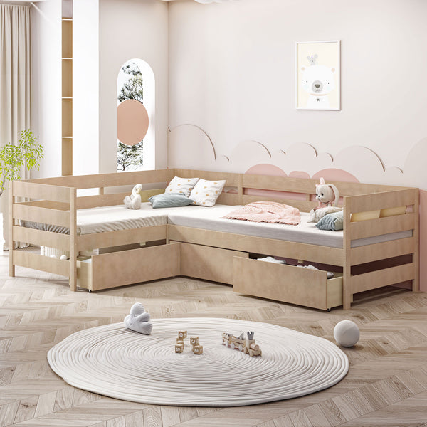English Elm Twin L-Shaped Platform Bed with Three Spacious Drawers, Solid Pine & MDF, Clean-Lined Design Natural N7090000468N