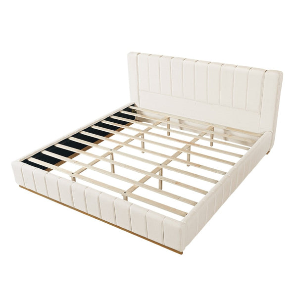 English Elm Modern, Beige Upholstered King Platform Bed Quilted Fabric Headboard Rubberwood Frame N769K360701A