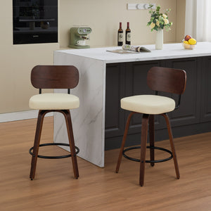 English Elm Swivel 26" Upholstered Counter Stools Set of 2 with Walnut Bentwood Back, PU Comfort Seat & Swivel Footrest Beige W1143P300154