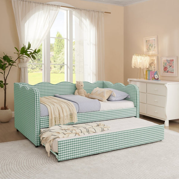 English Elm Cozy Gingham Linen Daybed with Pull Out Trundle Usb Port Wave Back Twin Sofa Cyan W1413S00120
