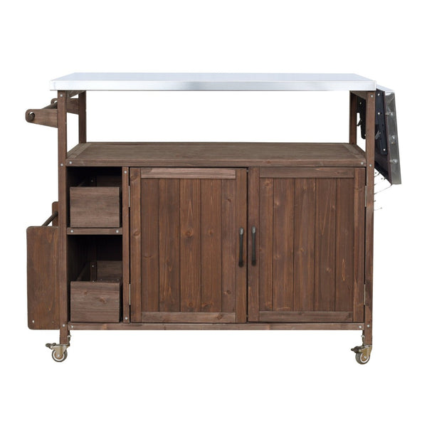 English Elm 54.33" Farmhouse Outdoor Kitchen Cart Solid Fir Frame Steel Top Storage Bbq Prep Brown N767P379702D