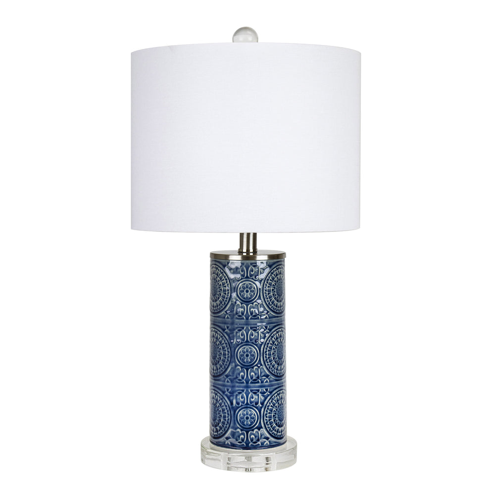 English Elm Spyro 23" Contemporary Table Lamp in Bijou Blue Ceramic with Crystal Base, Linen Shade, Nickel Accents B202P224021