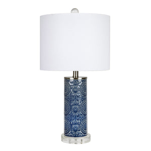 English Elm Spyro 23" Contemporary Table Lamp in Bijou Blue Ceramic with Crystal Base, Linen Shade, Nickel Accents B202P224021