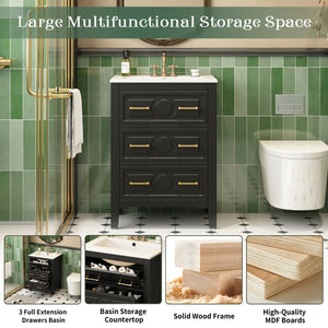 English Elm 24'' Bathroom Vanity with Ceramic Sink and 3 Drawers Retro Solid Wood Frame Freestanding Storage Black N710P371184B
