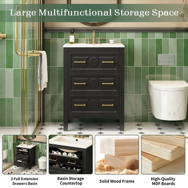 English Elm 24'' Bathroom Vanity with Ceramic Sink and 3 Drawers Retro Solid Wood Frame Freestanding Storage Black N710P371184B