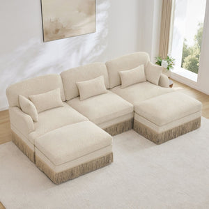 English Elm 100"comfy Chenille Leopard Print U-shaped Sectional with Tassel Trim and Modular Ottomans Beige W5656S00006