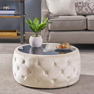 English Elm Christopher Knight Home® - OTTOMAN Velvet Button-Tufted Diamond Stitch with Tempered Glass Top, Modern Glam Accent Table Ottoman Beige 62732.00