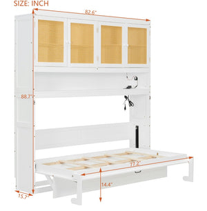 English Elm Twin Murphy Bed with Rattan Cabinet Doors Led Lighting and Usb Charging for Small Spaces White LP000740AAK