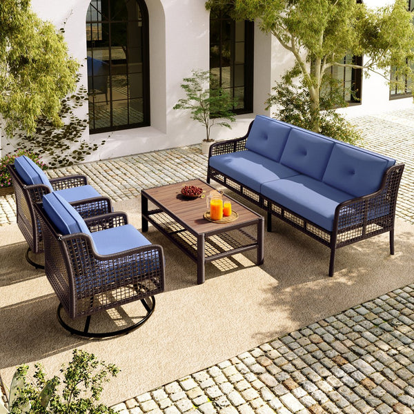 English Elm GO 4 Pieces Outdoor Acacia Wood Sofa Set with Removable Cushions, Woven Armrests & Coffee Table Blue N704G201247C