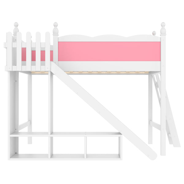 English Elm Full Loft Bed With Detachable Slide, Storage Shelves, And Cabinet In Pink & White – Fun & Functional! W1580S00245