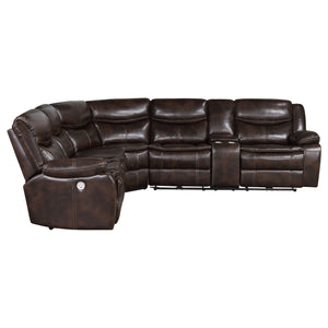 English Elm McLean Dark Brown Power Reclining Sectional Sofa with Faux Leather, Pillowtop Arms & Storage Console B062S01117