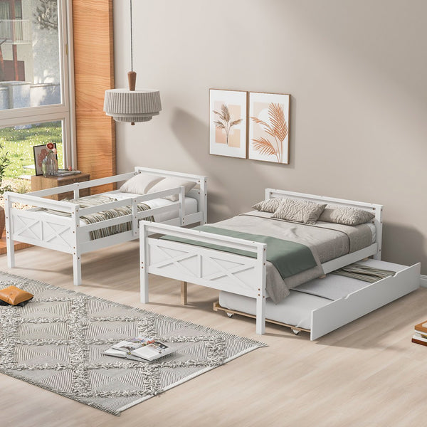 English Elm Twin Pine-over-Full Bunk Bed with Attached Ladder, Trundle & Full-Length Guardrail for Space-Saving Rooms White SM000208AAK-1