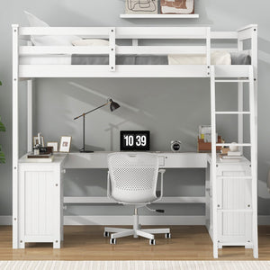 English Elm Full Loft Bed with U-Shaped Workstation, Built-In Drawers, Shelves & Cabinet for Space Saving White GX001039AAK