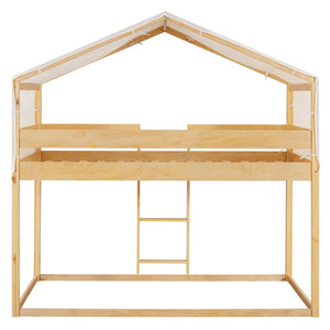 English Elm Twin Over Kids Bunk Bed with Tent Canopy Farmhouse Pinewood Playroom Frame Natural N708P248523M