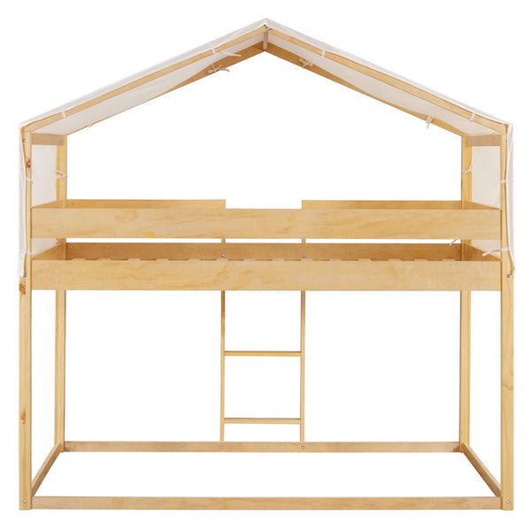 English Elm Twin Over Kids Bunk Bed with Tent Canopy Farmhouse Pinewood Playroom Frame Natural N708P248523M
