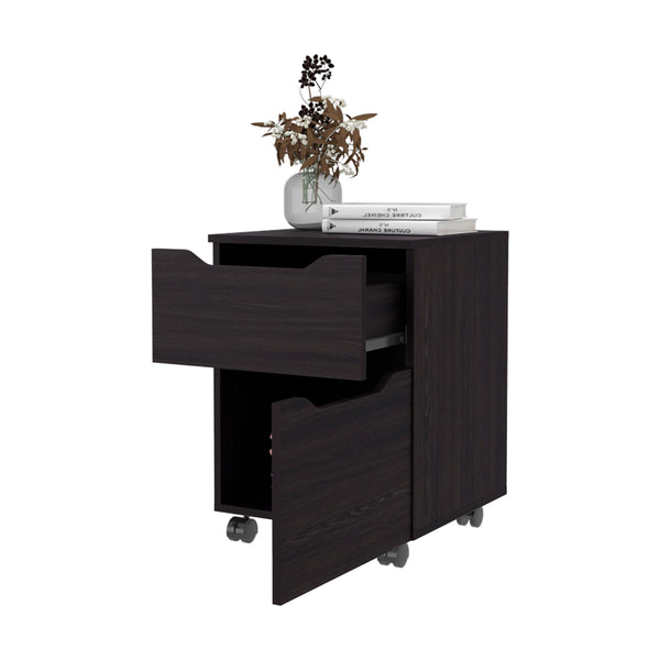 English Elm Wengue Nightstand with Door & Drawer on Casters — Space-Saving 30" H x 46" W Contemporary Storage Solution B062P323158