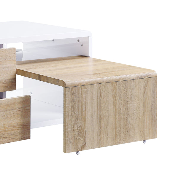 English Elm White White High Gloss 4-Drawer Coffee Table with Pull-Out Table, Contrasting Natural Drawer Fronts and Smooth Metal Glides for Modern Storage Elegance B062P209128
